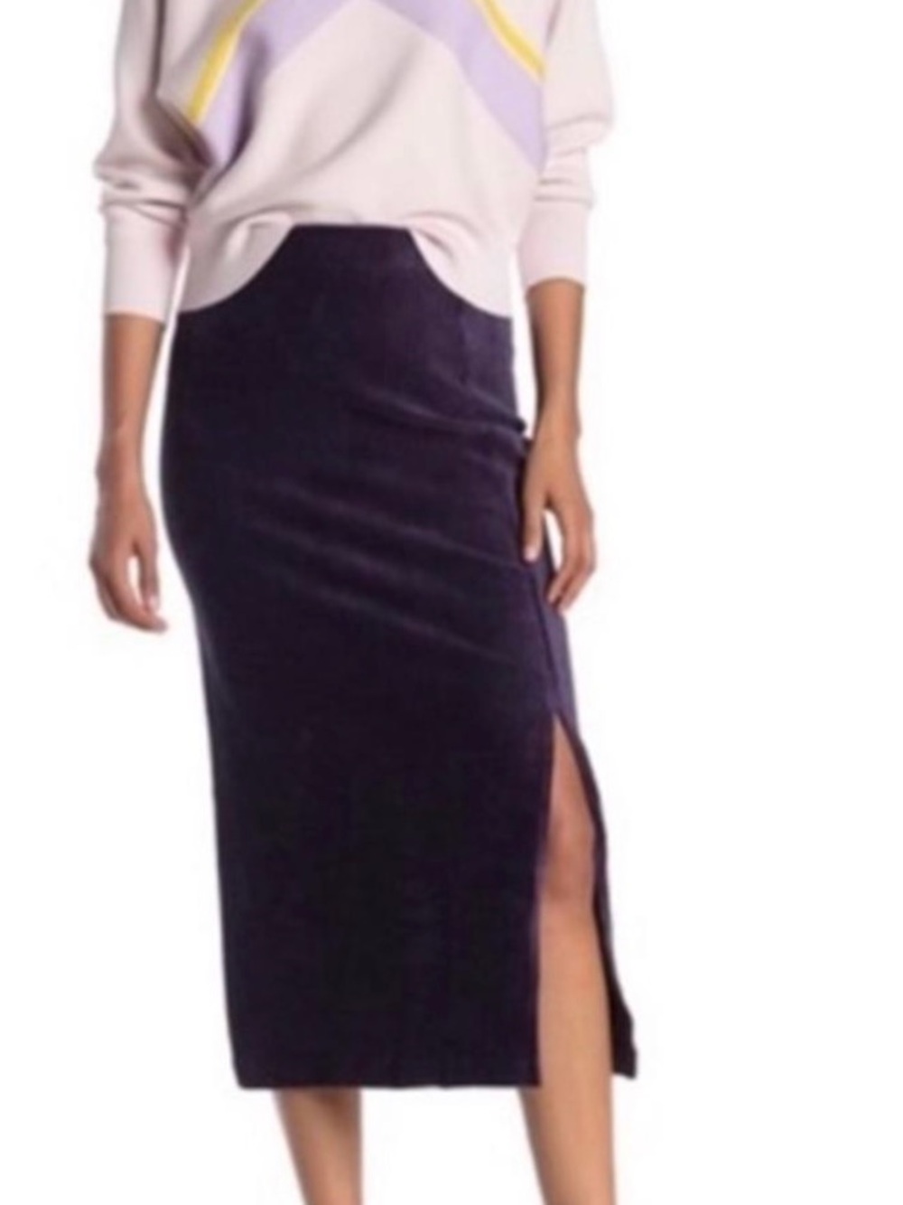 Free People Helen Ribbed Midi Skirt with Side Slit - Deep Purple